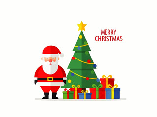 Flat vector illustration of Santa Claus standing beside a decorated Christmas tree with gifts, wishing 