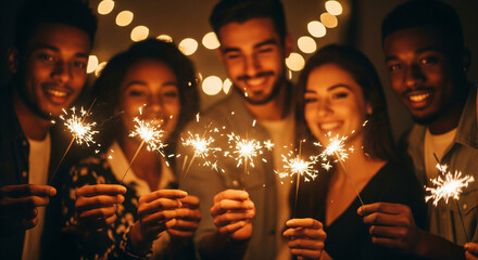 Group of friends celebrating with sparklers