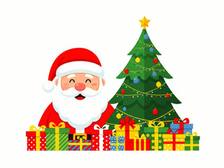 Cartoon illustration of Santa Claus smiling behind a pile of colorful Christmas gifts next to a decorated Christmas tree.