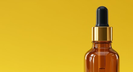 Naklejka premium Glass Dropper Bottle on Yellow Background - Amber glass bottle with a dropper on a vibrant yellow backdrop. Symbolizing purity, health, sunshine, clarity and wellness
