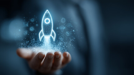 Futuristic rocket launch hologram above hand