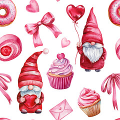 watercolor valentine gnomes pattern with cupcakes bows hearts and cute festive elements seamless pink holiday design