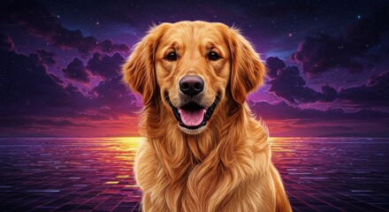 Golden Retriever Dreamscape Portrait - A golden retriever portrait set against a vibrant, surreal sunset and ocean backdrop