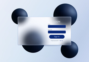 Minimal glassmorphism login form with deep blue spheres on a clean light gradient background.