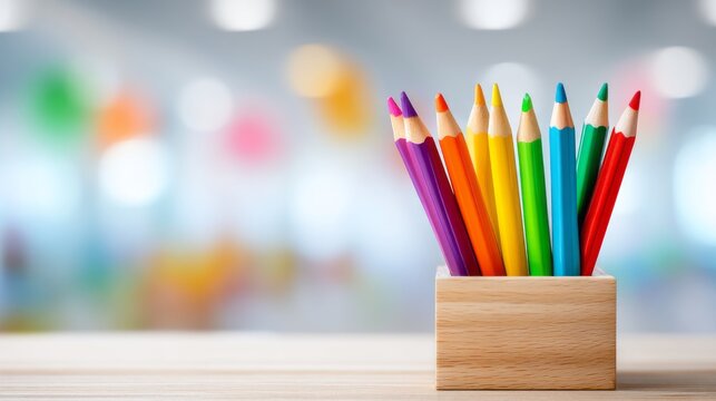 Brightly colored pencils stand tall in a wooden holder, set against a cheerful backdrop of soft, blurred colors. This lively scene invites artistic expression and creativity - Powered by Adobe