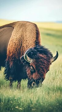 Brown buffalo grazing on grass with horns facing forward.