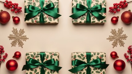 Elegant Christmas Gifts and Ornaments Flat Lay