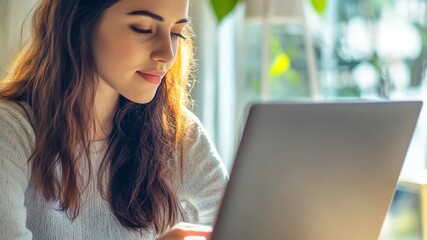 Female student engrossed in her work on a laptop. Focus, productivity and digital education concepts.