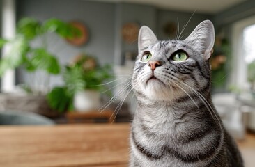 closeup tabby cat stare eyes looking at you in scared emotion