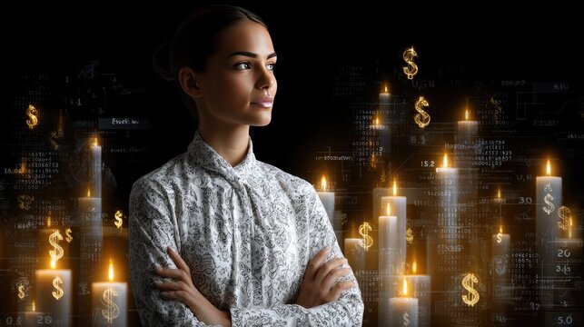 Visionary Banker: An elegant, self-assured person stands amidst a field of candles, their gaze directed forward, with a backdrop of financial symbols. A testament to foresight and financial acumen.