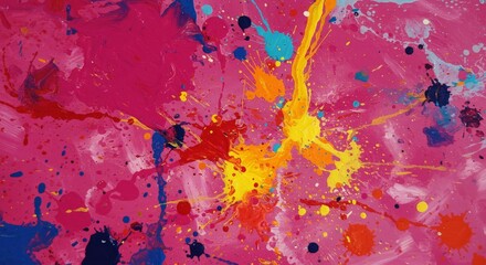 Hues Color Splashes Pink Harmony - Abstract expressionism with vibrant splashes. Pink, yellow, and blue symbolize creativity, joy, spontaneity, energy, and imagination. A burst of colorful inspiration