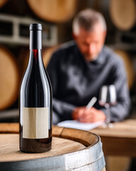 Fototapeta premium Red wine bottle on oak barrel with blurred man writing in background, winery cellar atmosphere, elegant and sophisticated mood