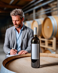 Fototapeta premium Red wine bottle on oak barrel in winery cellar, mature man writing in background, elegant atmosphere, focus on wine bottle