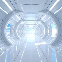 White futuristic hallway with arched windows.  Light floods a smooth,  polished,  corridor,  leading to distant sky