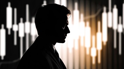 Silhouette of a Businessman: A stark silhouette of a businessman stands resolute, set against a backdrop of dynamic financial charts.