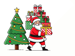 Santa Claus carrying a large stack of wrapped Christmas gifts next to a decorated Christmas tree with a star on top.