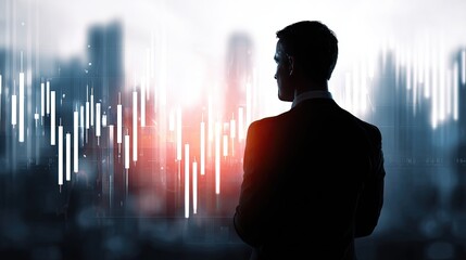 Visionary in the Financial District: A silhouette of a confident businessperson, gazing out over the city, with financial charts overlaid, suggesting strategic thinking. 
