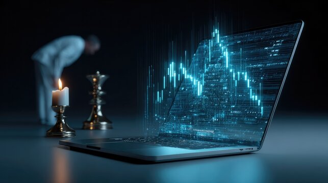 Spiritual Investment: A person with laptop and candle, embodying faith and financial analysis, creating a striking image