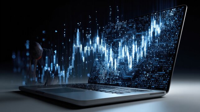 Digital Insights: The laptop screen showcases a dynamic display of digital data, visualizing complex information with a futuristic aesthetic, symbolizing the cutting edge of technology.
