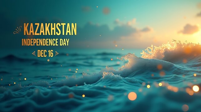 Kazakhstan independence day with ocean waves and sunset glow.