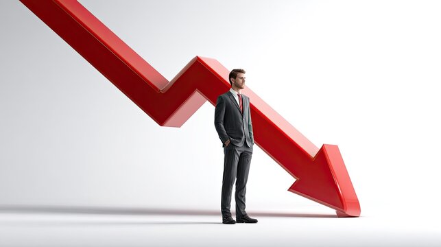 Navigating Economic Headwinds: A lone figure in business attire stands firm, contemplating the downward trajectory of a colossal red arrow, symbolizing economic challenges.