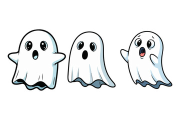 Obraz premium A trio of charming cartoon ghosts showcasing various surprised and scared expressions, ideal for festive Halloween designs, spooky event invitations, and fun seasonal decorations