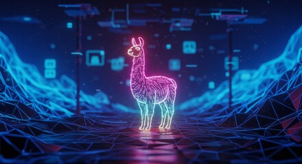 Obraz premium Llama in a Cyber Landscape - Neon llama in a world, symbolizing innovation, connectivity, future, technology, and exploration