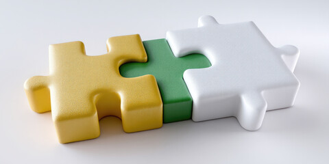 Yellow puzzle piece connecting with green and white puzzle piece, teamwork concept, problem solving, unity, cooperation, isolated background
