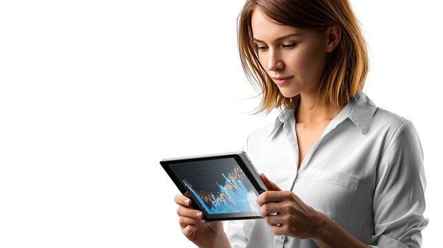 Data Analyst at Work: A focused businesswoman intently reviews a financial graph on a digital tablet, immersed in data analysis. The image is clean and modern.