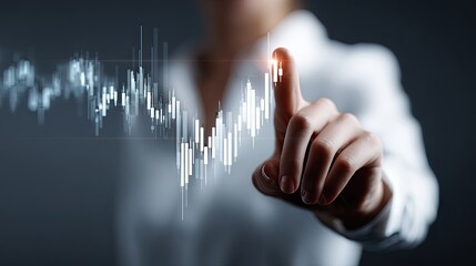 Businesswoman Navigating Financial Data: A skilled businesswoman interacts with a dynamic data visualization, touching the upward trend in a graph.