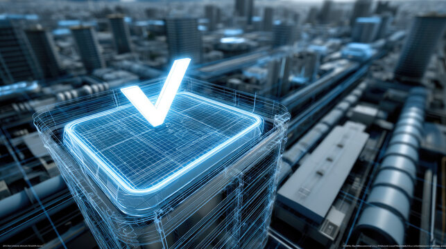 Futuristic cityscape digital blueprint with glowing check mark, modern architecture, technology, innovation, urban planning, progress