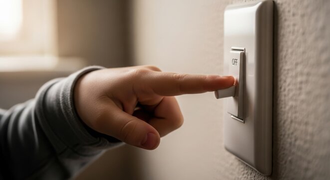 Child turns on the light switch with their finger for environmental consciousness, child turns on light switch for energy saving. Turning on light switch activates electricity,