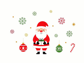 Santa Claus holding a green gift box, surrounded by snowflakes, ornaments, and a candy cane, on a white background.