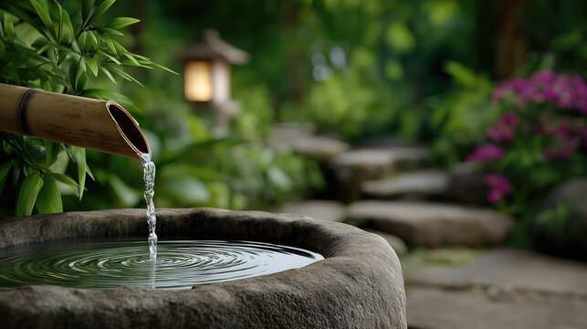 Bamboo water spout pours into stone basin in tranquil Japanese garden, surrounded by lush green foliage and soft natural light
