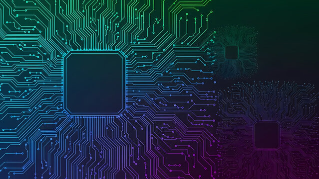 Abstract digital circuit board with glowing neon lines and central chip