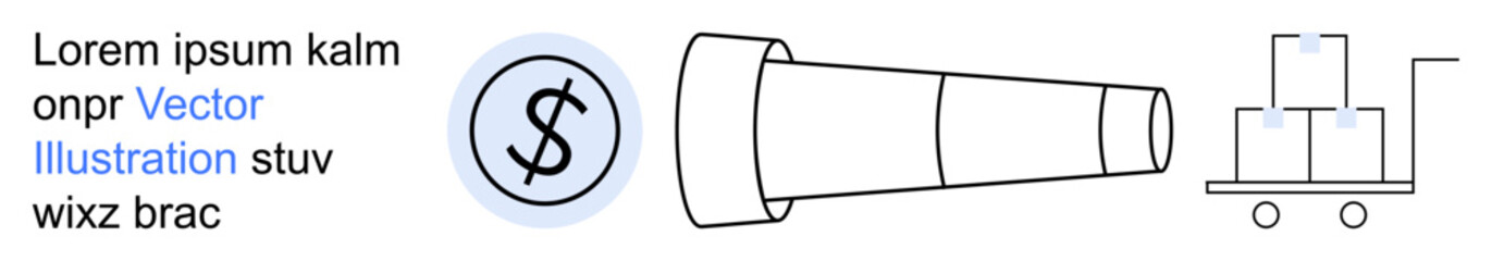 E-commerce, logistics, financial operations, business planning, supply chain, payments. Coin symbol, megaphone and trolley with boxes . E-commerce and logistics visual concept