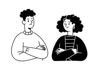 An unhappy man and woman stand apart with arms crossed, looking angry.