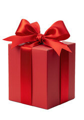 Obraz premium A photorealistic medium close-up of an elegant, square, matte ruby red gift box wrapped in a luxurious wide satin ribbon bow, isolated on a transparent background with copy space. Concept for luxury