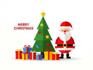 Flat design illustration of a Christmas tree adorned with ornaments, surrounded by colorful gift boxes, and Santa Claus on a white background.