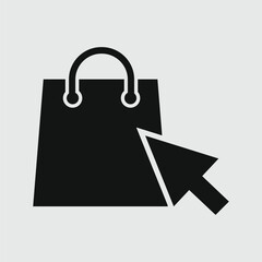 Black silhouette icon representing online shopping or ecommerce, featuring a shopping bag next to a cursor arrow pointer, symbolizing a click to purchase or digital transaction