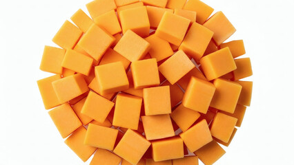 Pile of diced cheddar cheese cubes on white background