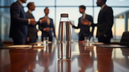 A close-up of a water bottle on a conference table, with blurred professionals discussing in the background, showcasing corporate environment. High quality.
