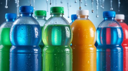 A close-up of colorful, condensation-covered beverage bottles, showcasing refreshing sports drinks in vibrant hues. High quality .