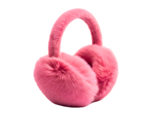 A pair of vibrant pink faux fur earmuffs to keep your ears warm during cold weather isolated on transparent background