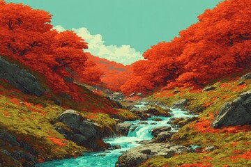 Pixelated Stream Flowing Through Autumnal Forest with Red and Orange Foliage under Teal Sky