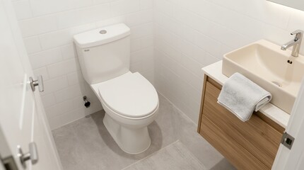 Minimalist modern small bathroom interior with white toilet and wooden vanity unit