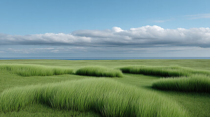 Fototapeta premium Serene green field with tall grass under blue sky, peaceful landscape, nature, outdoor, calm, tranquil, open space