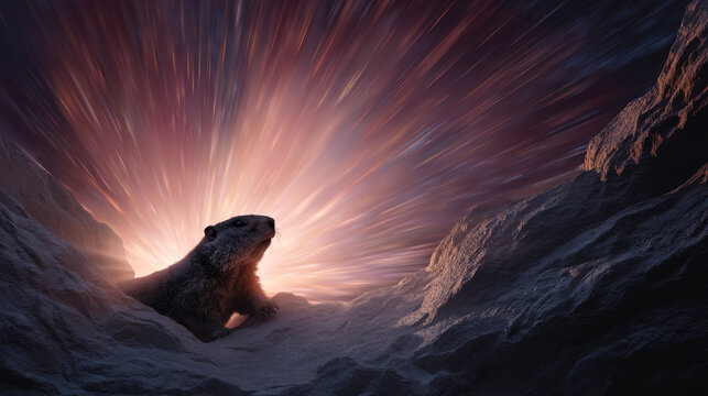 A cute groundhog on a festive spring day. Groundhog Day. A groundhog with fluffy fur. Landscape view.