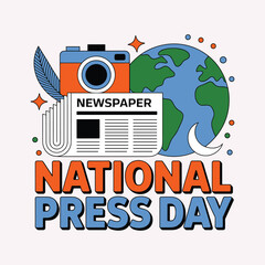 Obraz premium National Press Day graphic with newspaper camera globe and moon illustration earth vector illustration.
