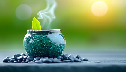 Steaming Green Tea Pot with Zen Stones and Fresh Leaf at Sunrise